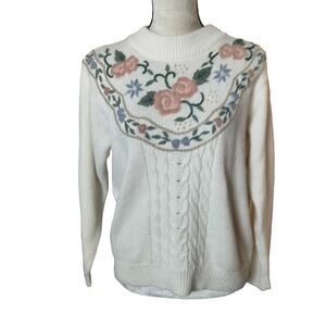 Vintage Alfred Dunner Women Sz M Petite Intricate Cream Rose Embroidered Sweater